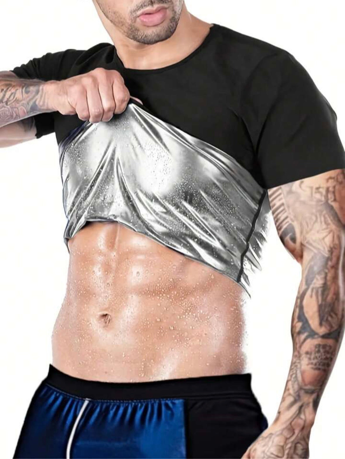 Man showing sweat results wearing Roman Gear™ Sweat Belt silver version.