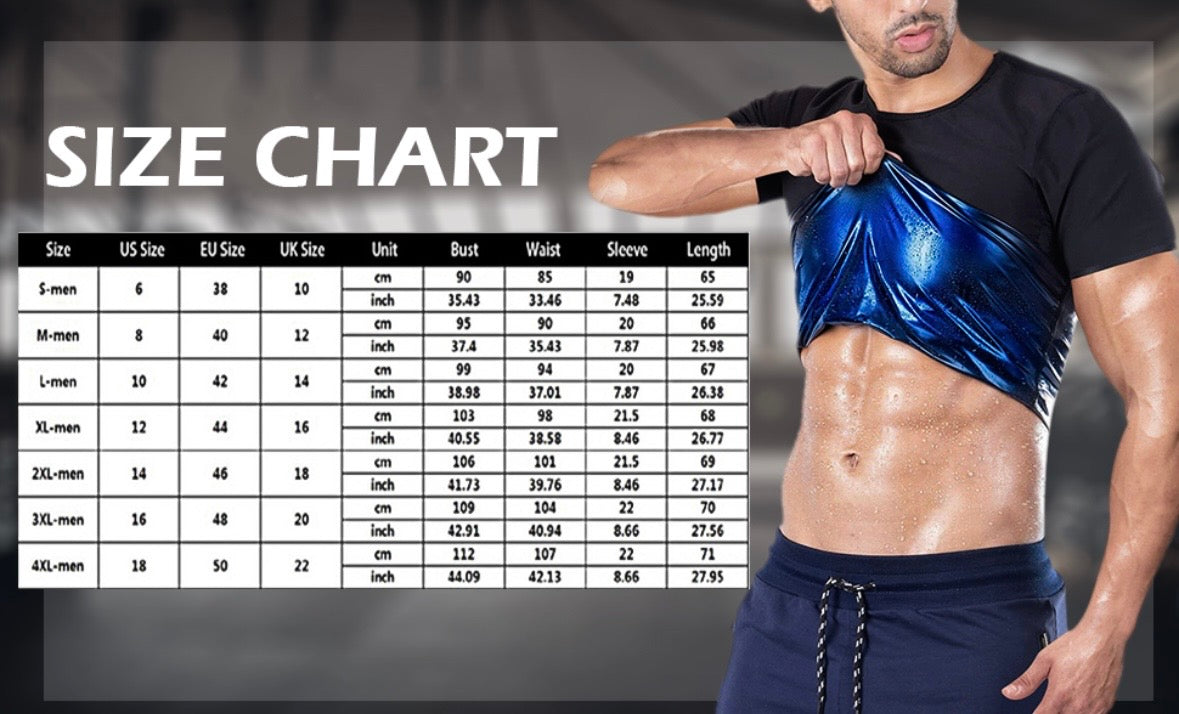Roman Gear™ Sweat Belt unisex size chart with US and EU measurements.