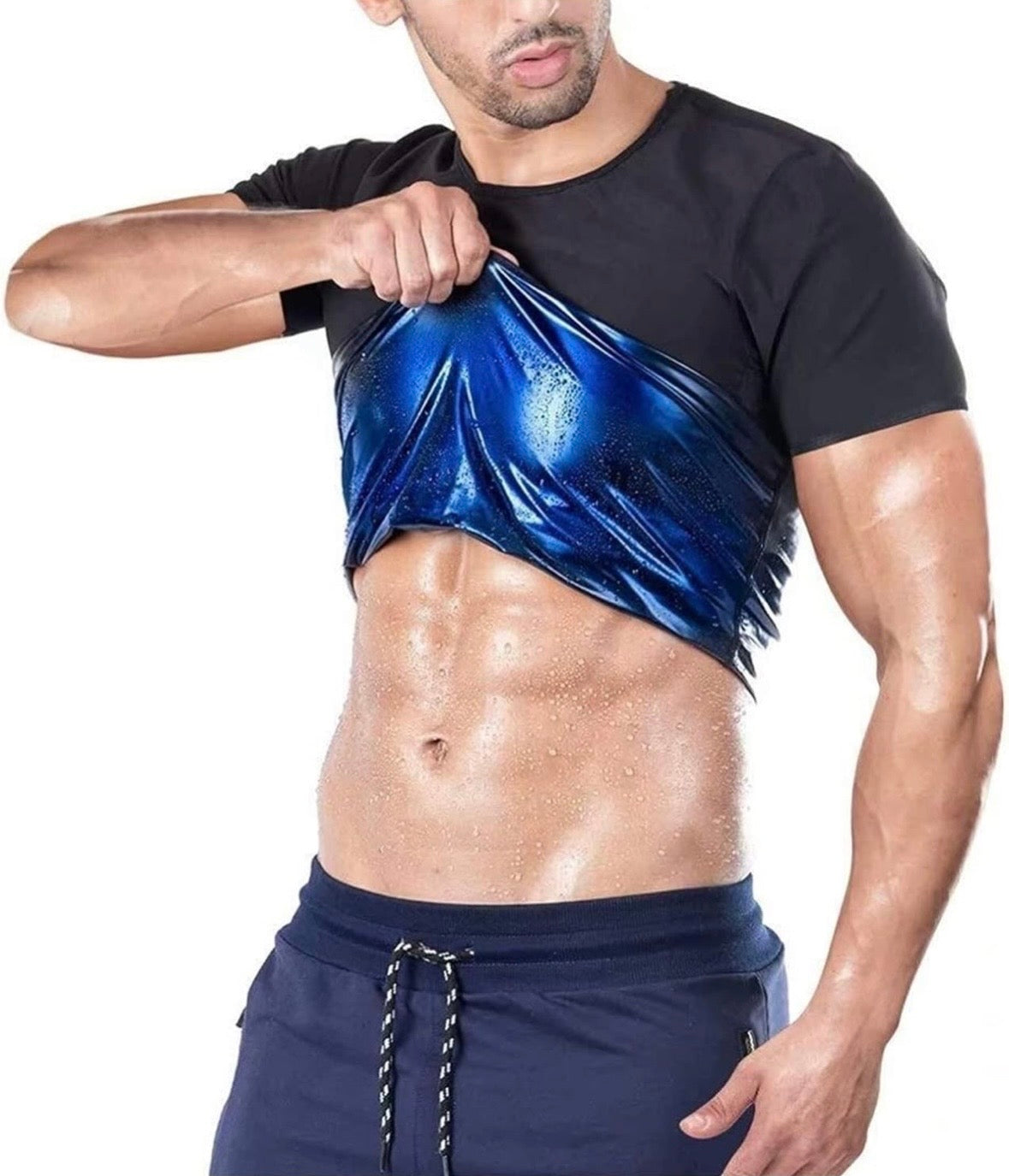 Man wearing Roman Gear™ Sweat Belt in blue, lifting shirt to show sweat and abs.